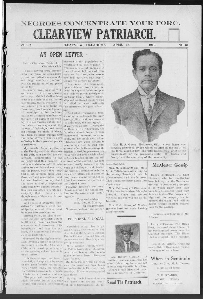 Front page microfilm newspaper scanning image from the Clearview Patriarch, dated April 18, 1912. 